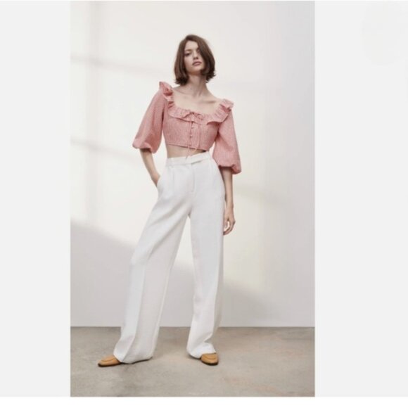 NEW Zara Cotton striped puff sleeve crop top in Red and White, Size L - Picture 5 of 15